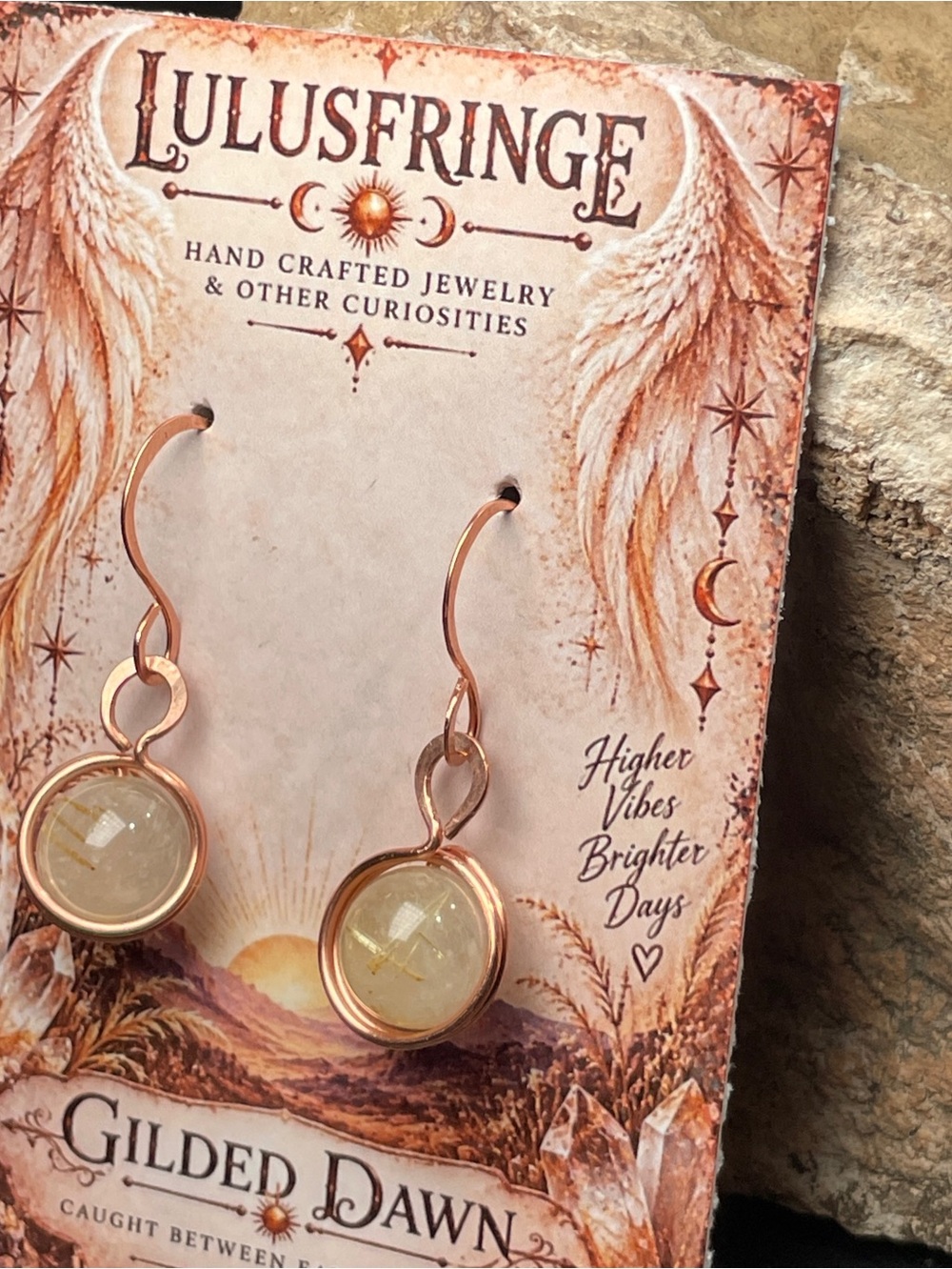 Angel Hair Golden Rutile Artisan Hammered Copper  Dangle Earrings